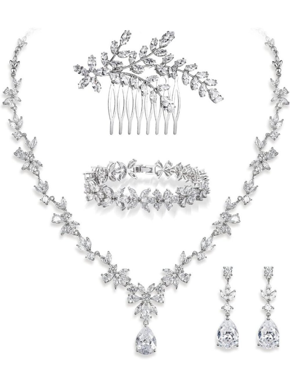 Floral Leaf Marquise Pear Cubic Zirconia Wedding Jewelry Set for Parties